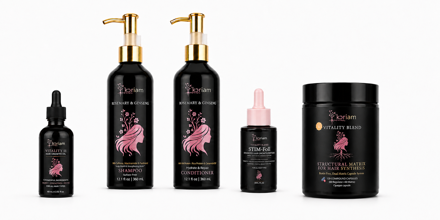 Koriem Hair Bloom Advanced System including STIM-Foll and the biotin-free Dual Matrix Hair Synthesis vitamin